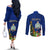 Niue Christmas Couples Matching Off The Shoulder Long Sleeve Dress and Long Sleeve Button Shirt Coat of Arms and Polynesian Tattoo Xmas Element Christmas Blue Vibe LT03 - Polynesian Pride