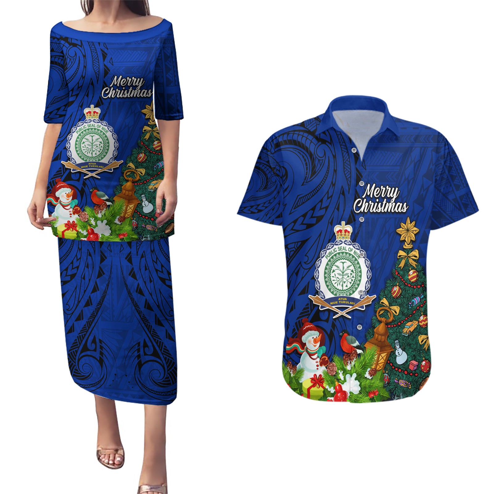 Niue Christmas Couples Matching Puletasi Dress and Hawaiian Shirt Coat of Arms and Polynesian Tattoo Xmas Element Christmas Blue Vibe LT03 Blue - Polynesian Pride