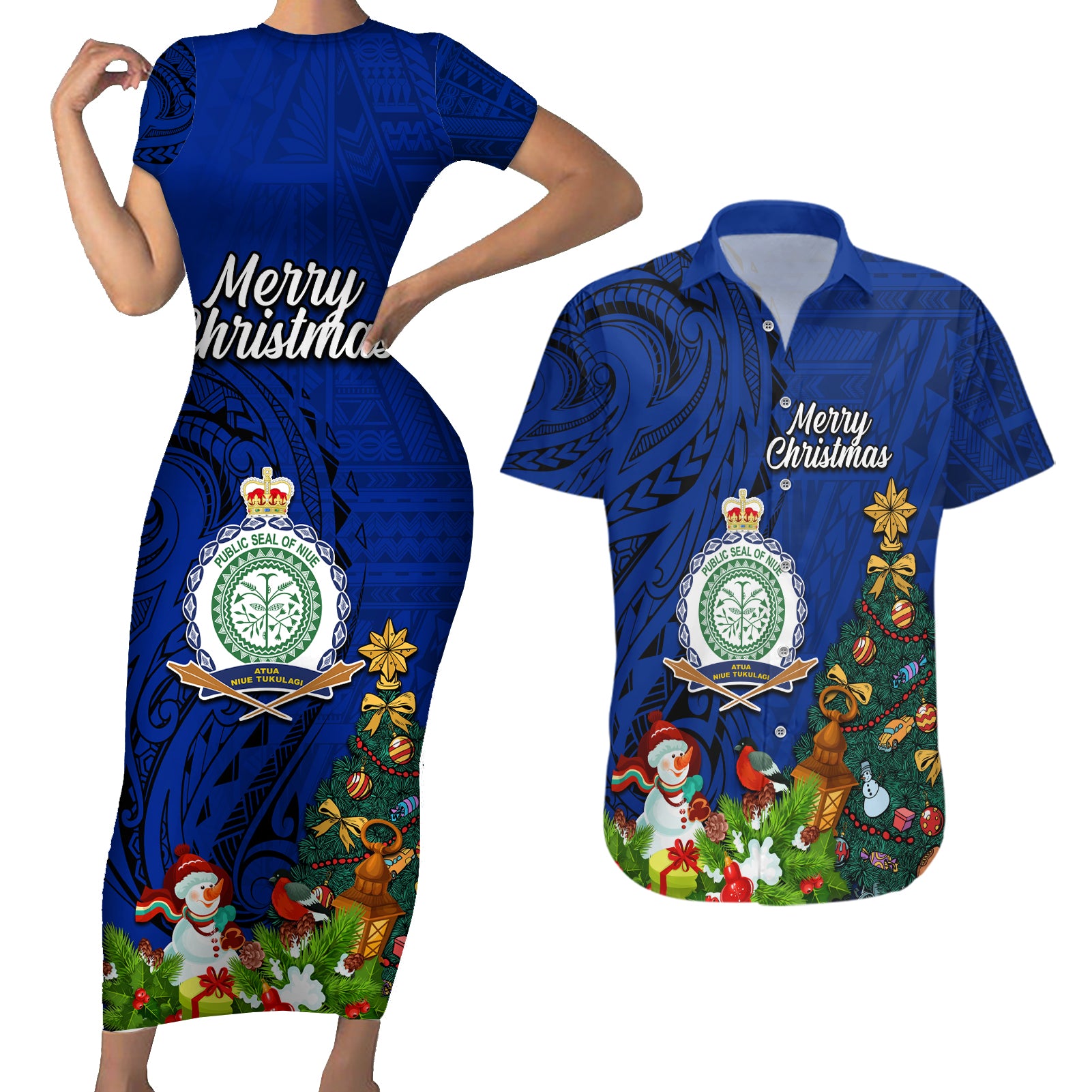 Niue Christmas Couples Matching Short Sleeve Bodycon Dress and Hawaiian Shirt Coat of Arms and Polynesian Tattoo Xmas Element Christmas Blue Vibe LT03 Blue - Polynesian Pride