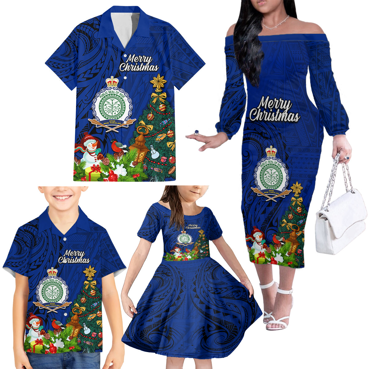 Niue Christmas Family Matching Off Shoulder Long Sleeve Dress and Hawaiian Shirt Coat of Arms and Polynesian Tattoo Xmas Element Christmas Blue Vibe LT03 - Polynesian Pride