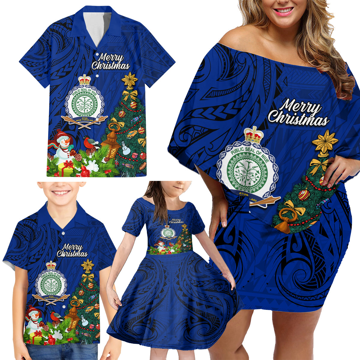 Niue Christmas Family Matching Off Shoulder Short Dress and Hawaiian Shirt Coat of Arms and Polynesian Tattoo Xmas Element Christmas Blue Vibe LT03 - Polynesian Pride