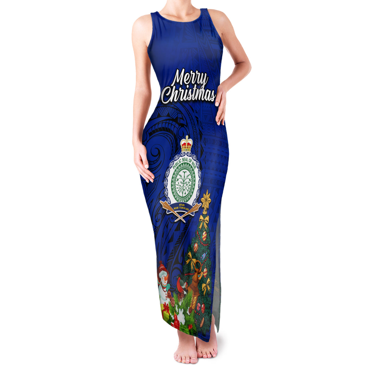 Niue Christmas Family Matching Tank Maxi Dress and Hawaiian Shirt Coat of Arms and Polynesian Tattoo Xmas Element Christmas Blue Vibe LT03 Mom's Dress Blue - Polynesian Pride