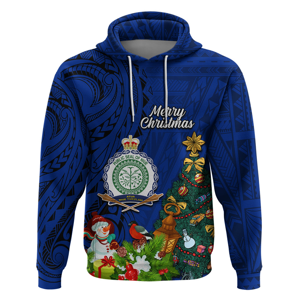 Niue Christmas Hoodie Coat of Arms and Polynesian Tattoo Xmas Element Christmas Blue Vibe LT03 Blue - Polynesian Pride