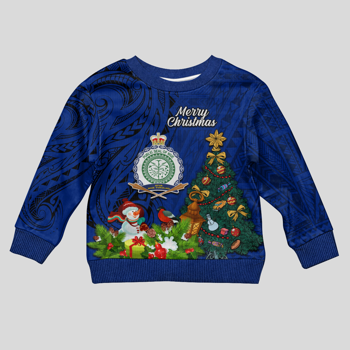 Niue Christmas Kid Ugly Christmas Sweater Coat of Arms and Polynesian Tattoo Xmas Element Christmas Blue Vibe LT03 Kid Blue - Polynesian Pride