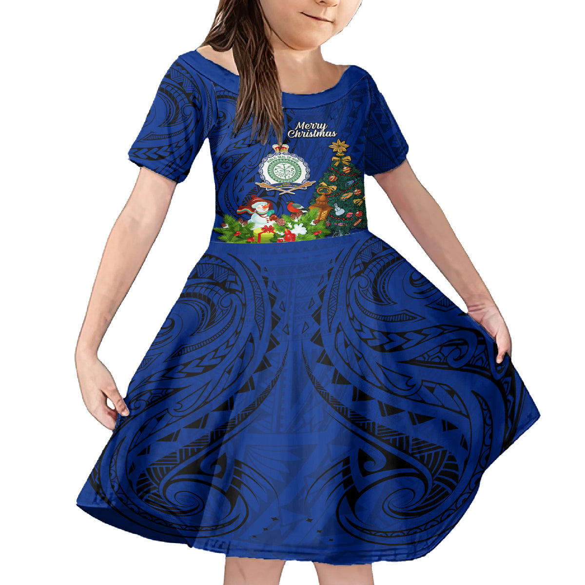 Niue Christmas Kid Short Sleeve Dress Coat of Arms and Polynesian Tattoo Xmas Element Christmas Blue Vibe LT03 KID Blue - Polynesian Pride