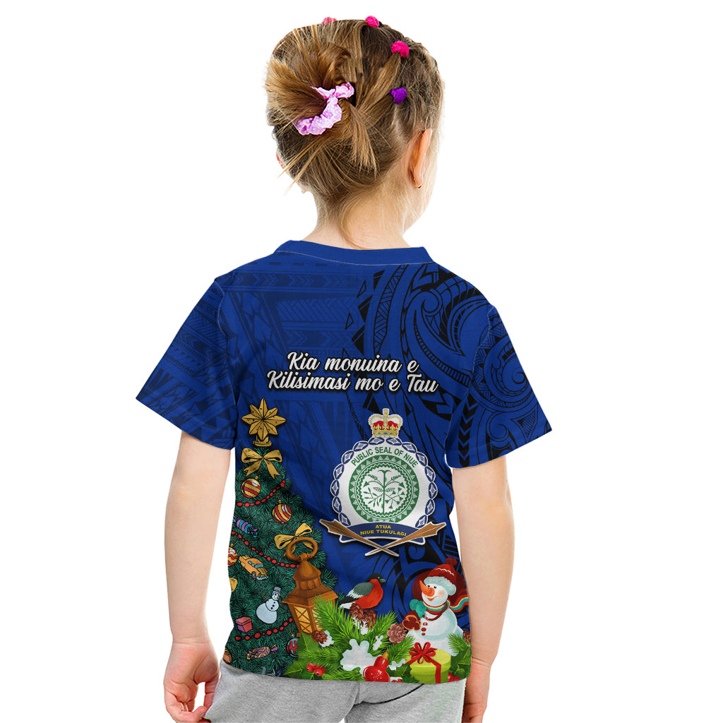 Niue Christmas Kid T Shirt Coat of Arms and Polynesian Tattoo Xmas Element Christmas Blue Vibe LT03 - Polynesian Pride