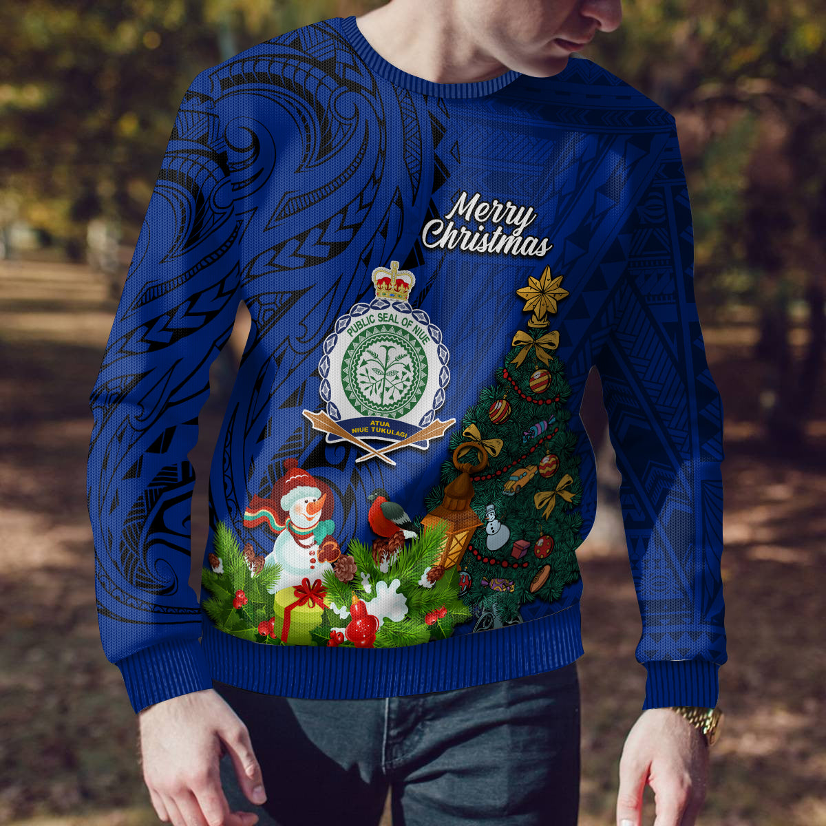 Niue Christmas Ugly Christmas Sweater Coat of Arms and Polynesian Tattoo Xmas Element Christmas Blue Vibe LT03 - Polynesian Pride