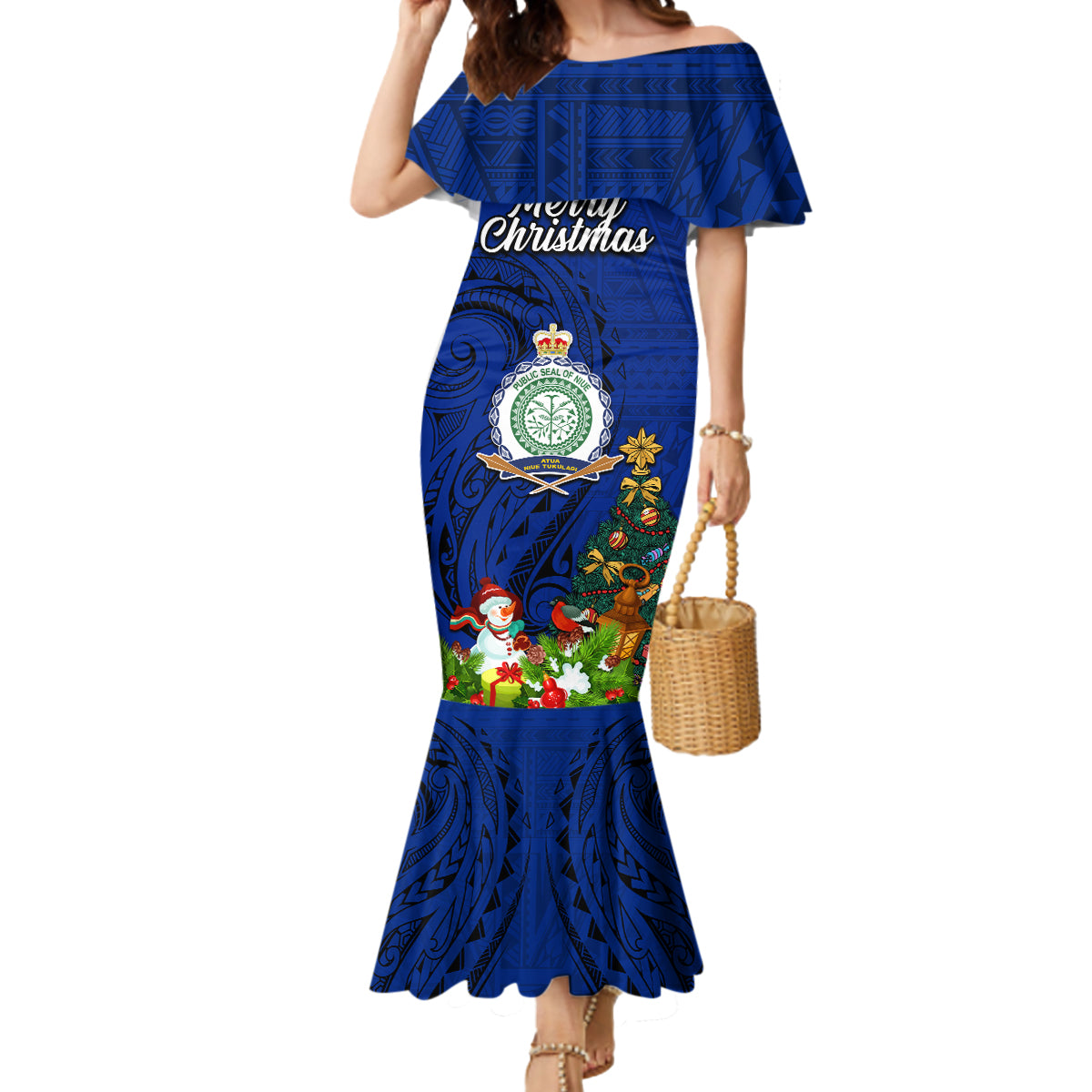 Niue Christmas Mermaid Dress Coat of Arms and Polynesian Tattoo Xmas Element Christmas Blue Vibe LT03 Women Blue - Polynesian Pride