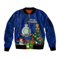 Niue Christmas Sleeve Zip Bomber Jacket Coat of Arms and Polynesian Tattoo Xmas Element Christmas Blue Vibe LT03 Unisex Blue - Polynesian Pride