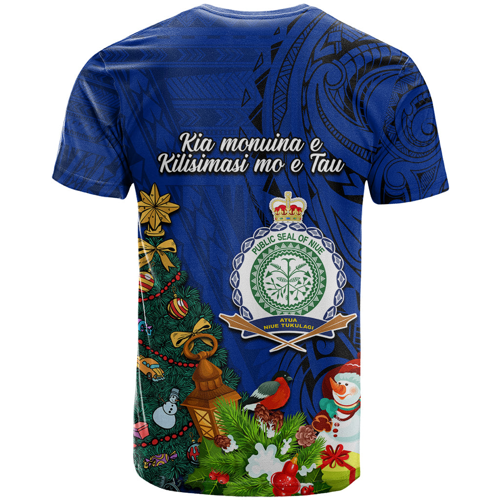 Niue Christmas T Shirt Coat of Arms and Polynesian Tattoo Xmas Element Christmas Blue Vibe LT03 - Polynesian Pride