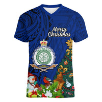 Niue Christmas Women V Neck T Shirt Coat of Arms and Polynesian Tattoo Xmas Element Christmas Blue Vibe LT03 Female Blue - Polynesian Pride