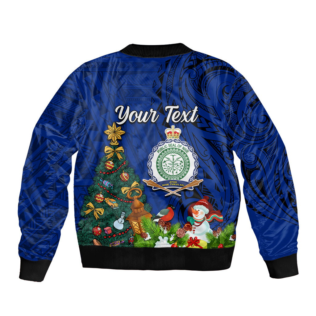 Personalised Niue Christmas Bomber Jacket Coat of Arms and Polynesian Tattoo Xmas Element Christmas Blue Vibe LT03 - Polynesian Pride