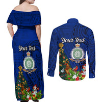 Personalised Niue Christmas Couples Matching Off Shoulder Maxi Dress and Long Sleeve Button Shirt Coat of Arms and Polynesian Tattoo Xmas Element Christmas Blue Vibe LT03 - Polynesian Pride