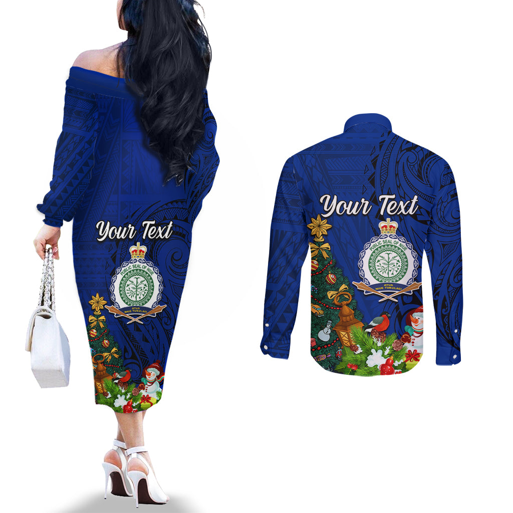 Personalised Niue Christmas Couples Matching Off The Shoulder Long Sleeve Dress and Long Sleeve Button Shirt Coat of Arms and Polynesian Tattoo Xmas Element Christmas Blue Vibe LT03 - Polynesian Pride