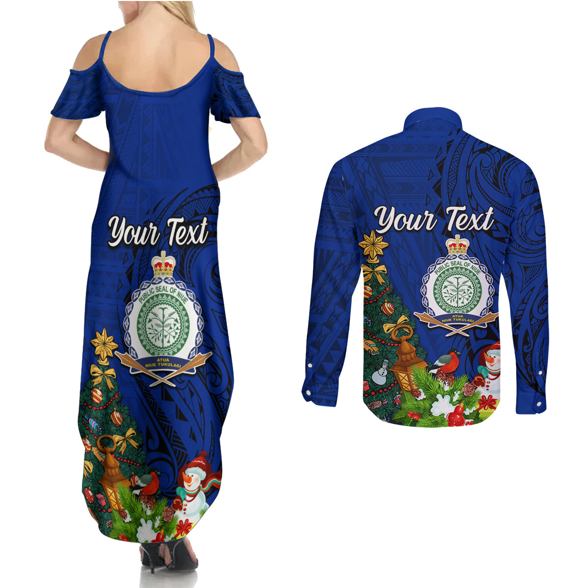 Personalised Niue Christmas Couples Matching Summer Maxi Dress and Long Sleeve Button Shirt Coat of Arms and Polynesian Tattoo Xmas Element Christmas Blue Vibe LT03 - Polynesian Pride