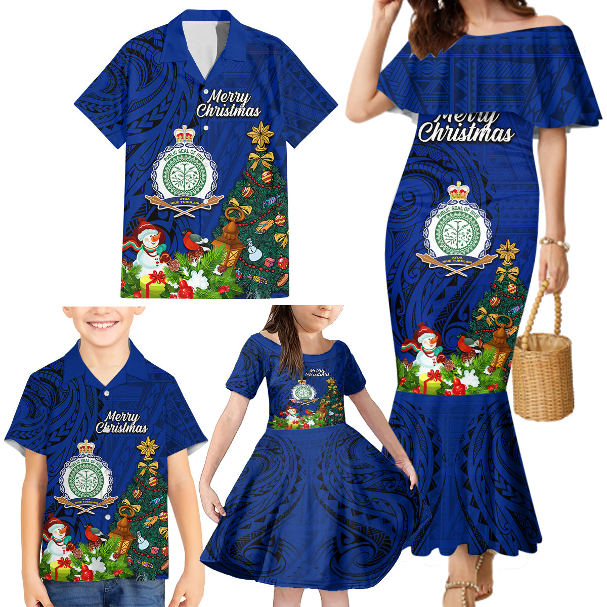 Personalised Niue Christmas Family Matching Mermaid Dress and Hawaiian Shirt Coat of Arms and Polynesian Tattoo Xmas Element Christmas Blue Vibe LT03 - Polynesian Pride