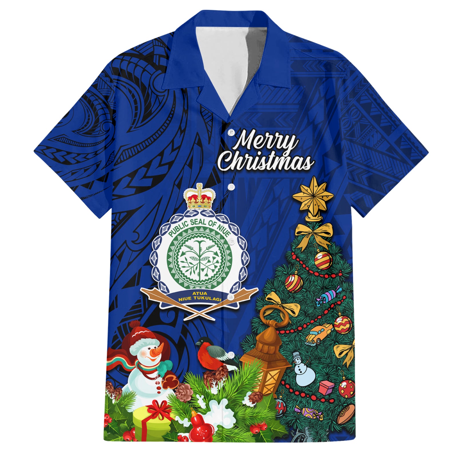 Personalised Niue Christmas Hawaiian Shirt Coat of Arms and Polynesian Tattoo Xmas Element Christmas Blue Vibe LT03 Blue - Polynesian Pride