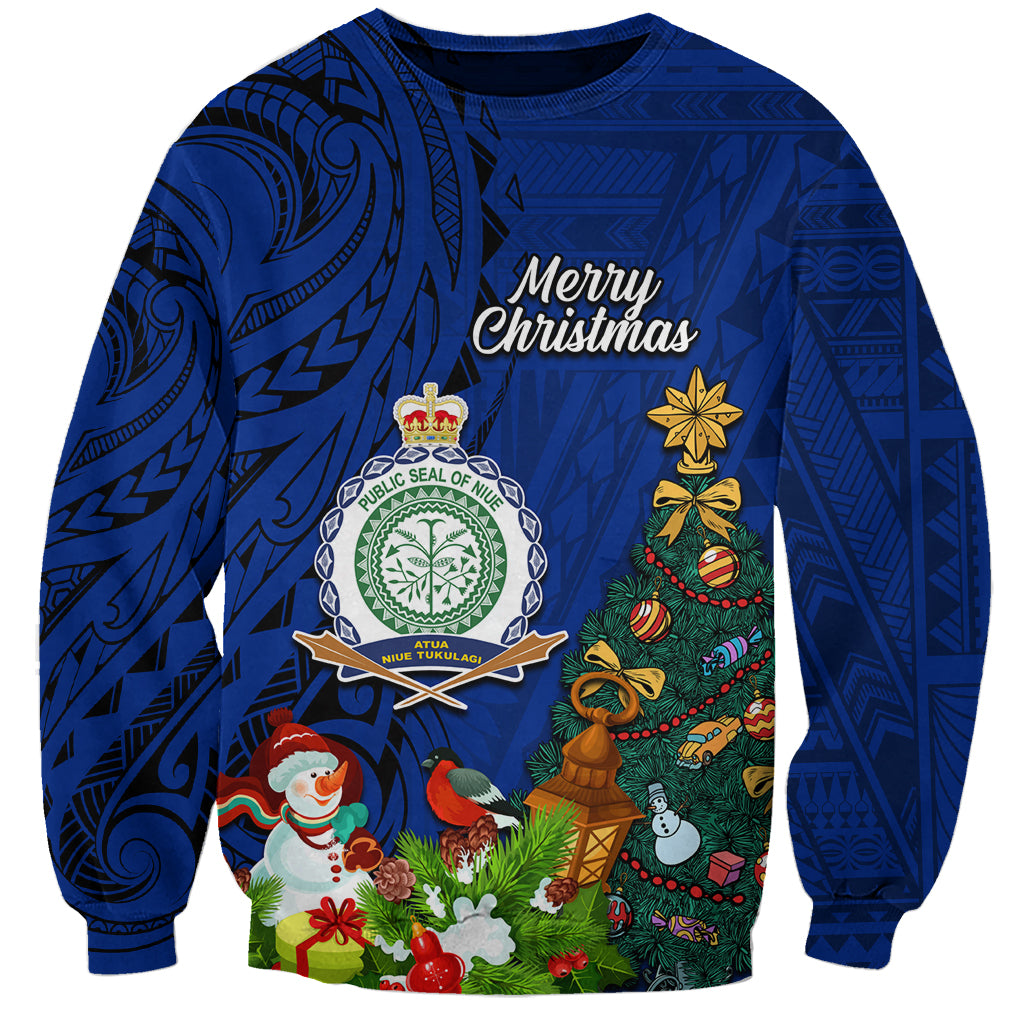 Personalised Niue Christmas Sweatshirt Coat of Arms and Polynesian Tattoo Xmas Element Christmas Blue Vibe LT03 Unisex Blue - Polynesian Pride