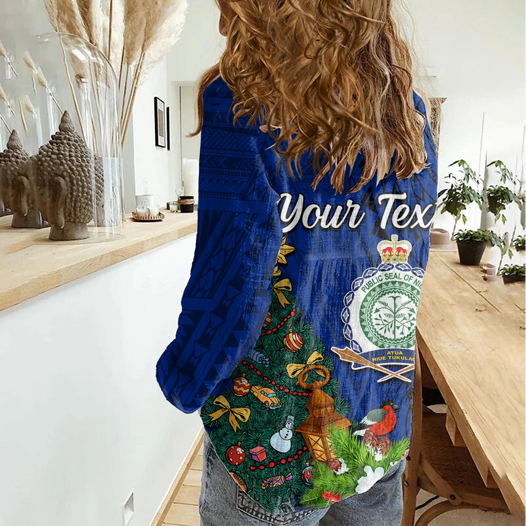 Personalised Niue Christmas Women Casual Shirt Coat of Arms and Polynesian Tattoo Xmas Element Christmas Blue Vibe LT03 - Polynesian Pride