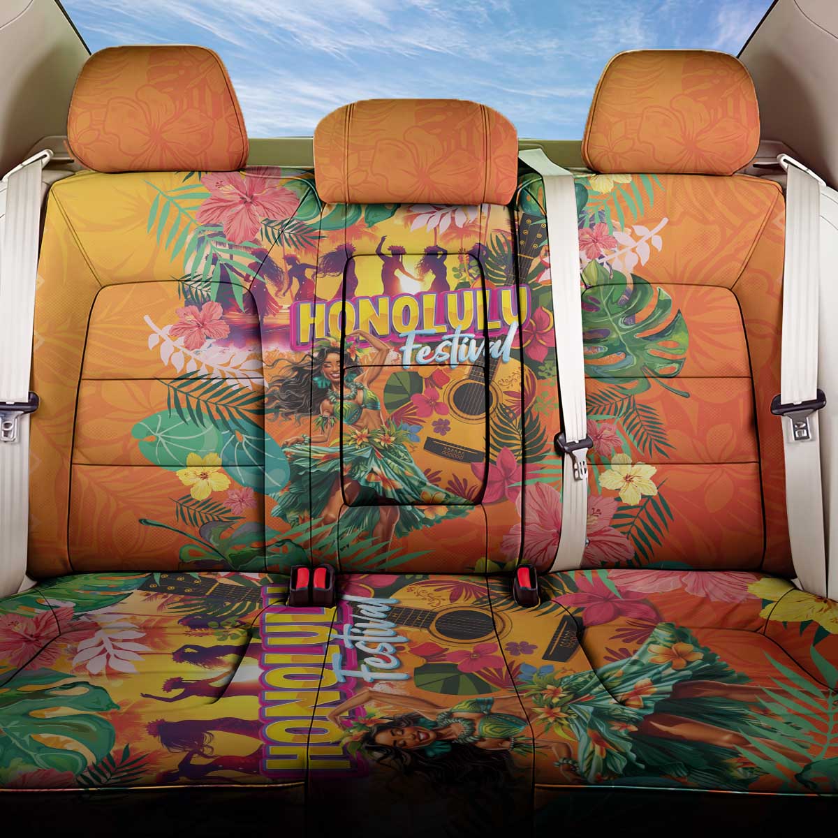 Hawaiian Honolulu Festival Back Car Seat Cover Hawaiian Identity - Hula Dancer and Ukulele Tropical Plants Style