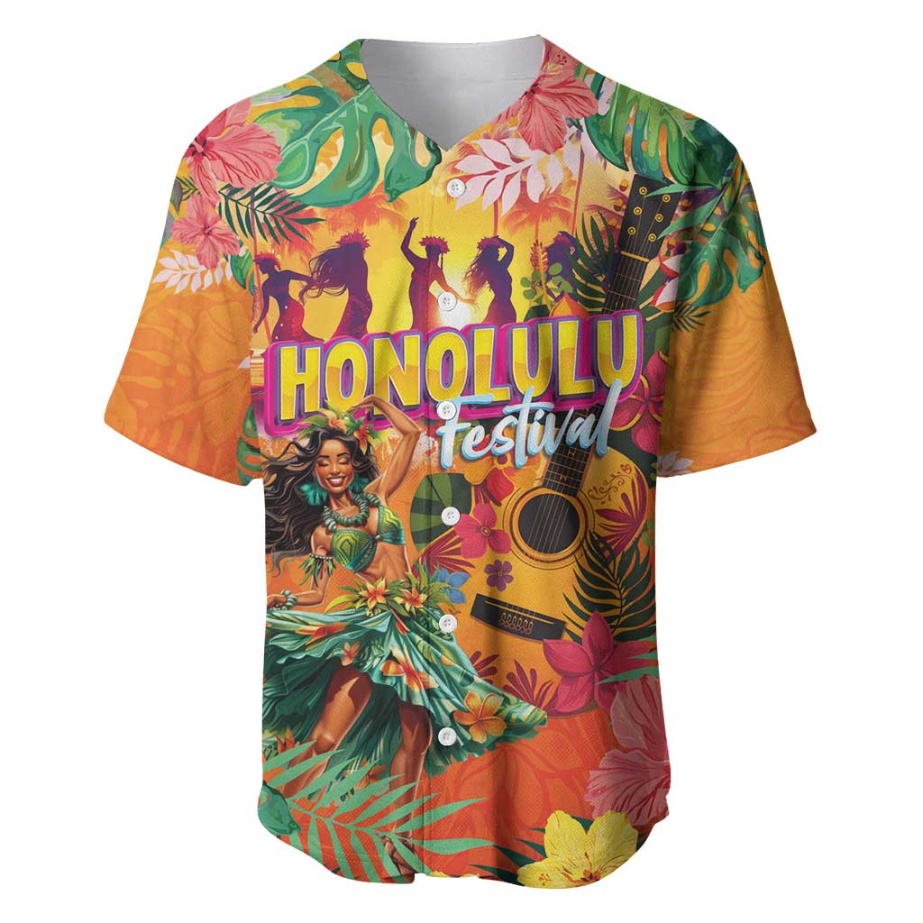 Hawaiian Honolulu Festival Baseball Jersey Hawaiian Identity - Hula Dancer and Ukulele Tropical Plants Style