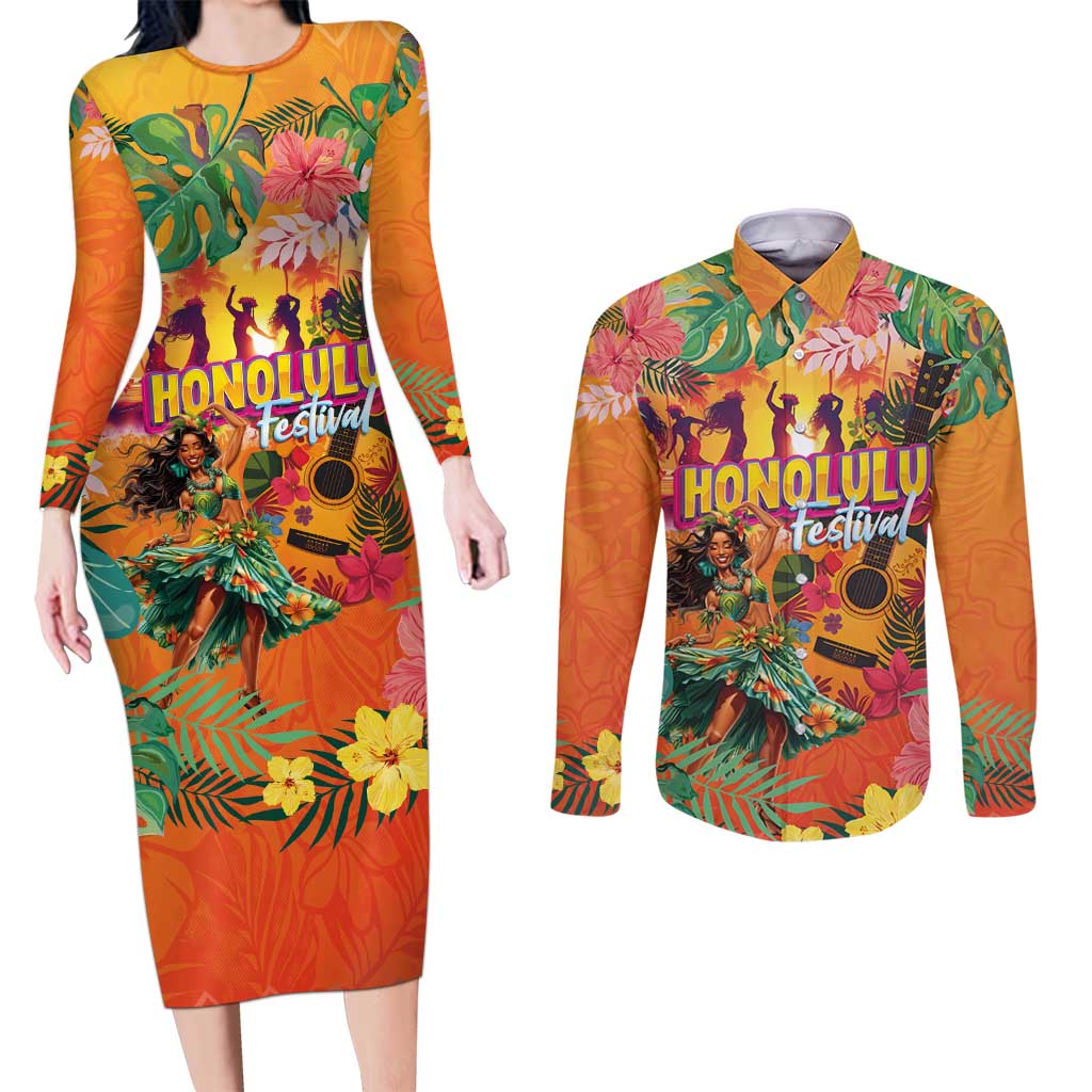 Hawaiian Honolulu Festival Couples Matching Long Sleeve Bodycon Dress and Long Sleeve Button Shirt Hawaiian Identity - Hula Dancer and Ukulele Tropical Plants Style