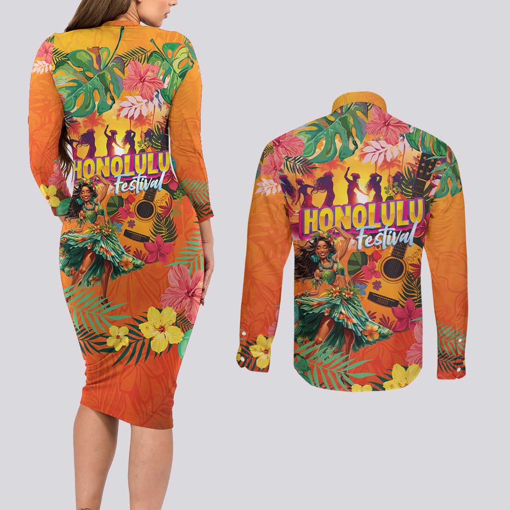 Hawaiian Honolulu Festival Couples Matching Long Sleeve Bodycon Dress and Long Sleeve Button Shirt Hawaiian Identity - Hula Dancer and Ukulele Tropical Plants Style
