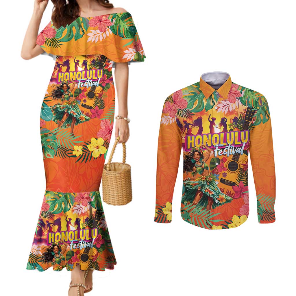 Hawaiian Honolulu Festival Couples Matching Mermaid Dress and Long Sleeve Button Shirt Hawaiian Identity - Hula Dancer and Ukulele Tropical Plants Style