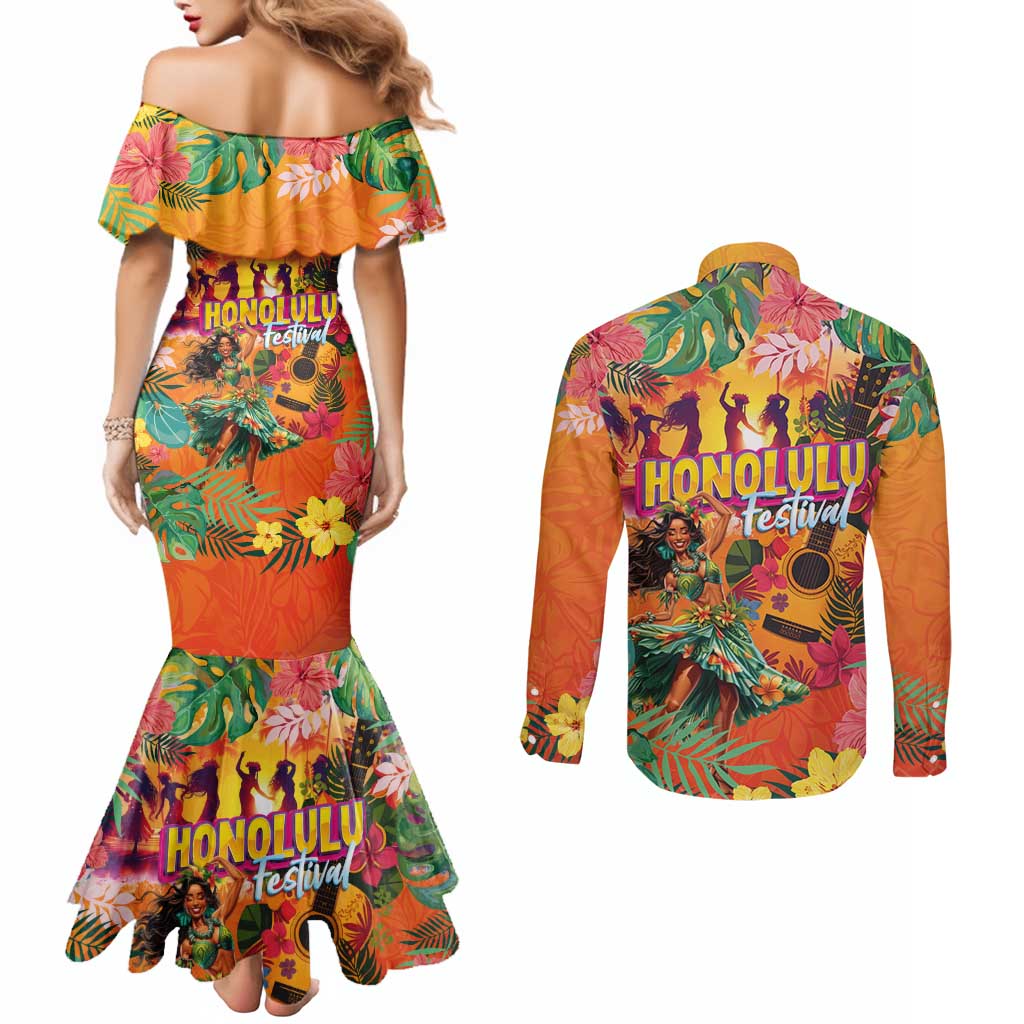 Hawaiian Honolulu Festival Couples Matching Mermaid Dress and Long Sleeve Button Shirt Hawaiian Identity - Hula Dancer and Ukulele Tropical Plants Style
