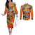 Hawaiian Honolulu Festival Couples Matching Off The Shoulder Long Sleeve Dress and Long Sleeve Button Shirt Hawaiian Identity - Hula Dancer and Ukulele Tropical Plants Style