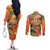 Hawaiian Honolulu Festival Couples Matching Off The Shoulder Long Sleeve Dress and Long Sleeve Button Shirt Hawaiian Identity - Hula Dancer and Ukulele Tropical Plants Style