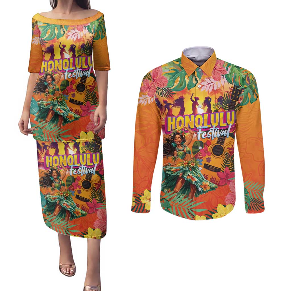 Hawaiian Honolulu Festival Couples Matching Puletasi and Long Sleeve Button Shirt Hawaiian Identity - Hula Dancer and Ukulele Tropical Plants Style