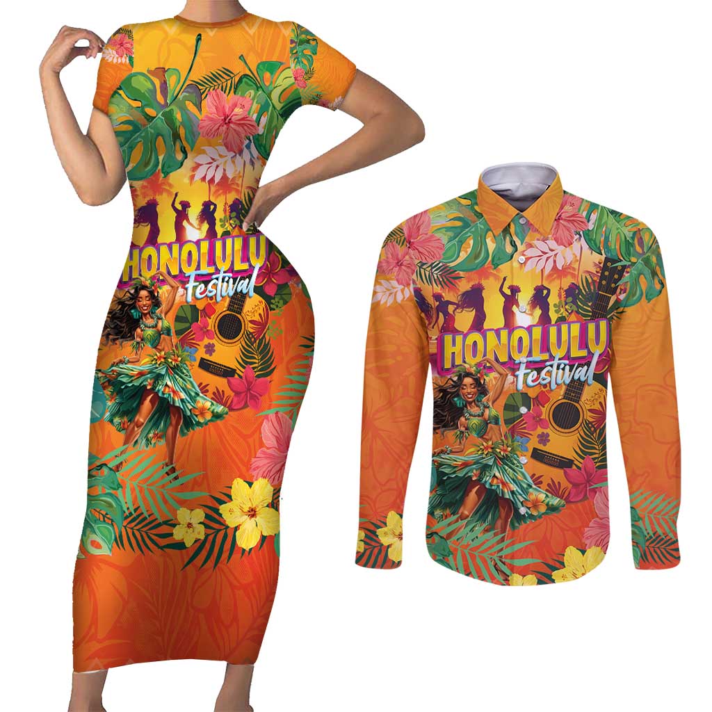 Hawaiian Honolulu Festival Couples Matching Short Sleeve Bodycon Dress and Long Sleeve Button Shirt Hawaiian Identity - Hula Dancer and Ukulele Tropical Plants Style