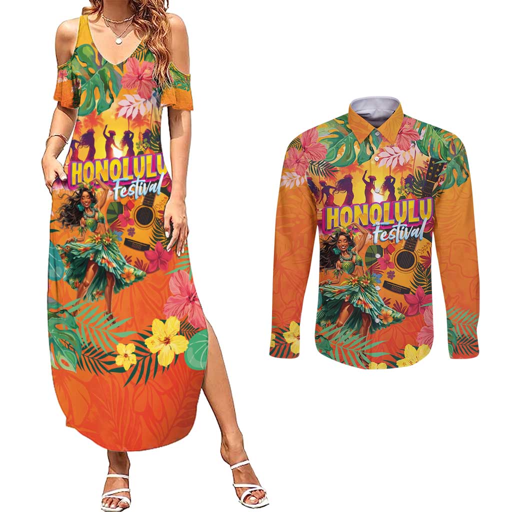 Hawaiian Honolulu Festival Couples Matching Summer Maxi Dress and Long Sleeve Button Shirt Hawaiian Identity - Hula Dancer and Ukulele Tropical Plants Style