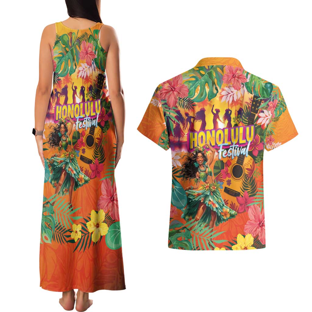 Hawaiian Honolulu Festival Couples Matching Tank Maxi Dress and Hawaiian Shirt Hawaiian Identity - Hula Dancer and Ukulele Tropical Plants Style