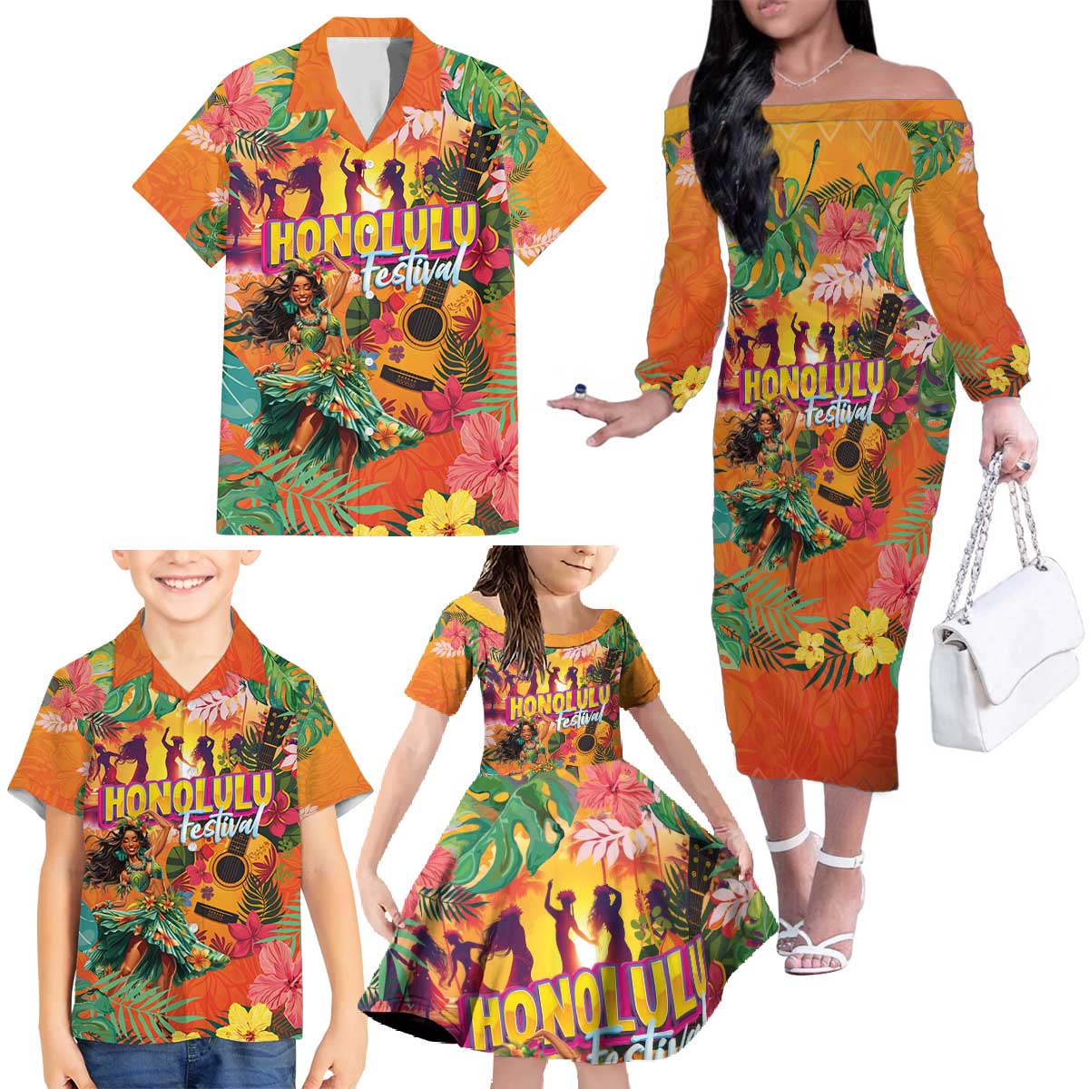 Hawaiian Honolulu Festival Family Matching Off The Shoulder Long Sleeve Dress and Hawaiian Shirt Hawaiian Identity - Hula Dancer and Ukulele Tropical Plants Style