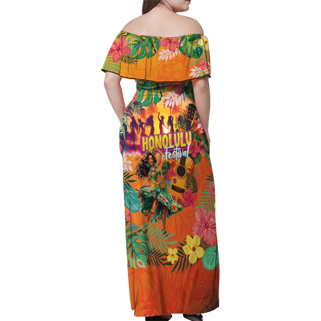 Hawaiian Honolulu Festival Family Matching Off Shoulder Maxi Dress and Hawaiian Shirt Hawaiian Identity - Hula Dancer and Ukulele Tropical Plants Style