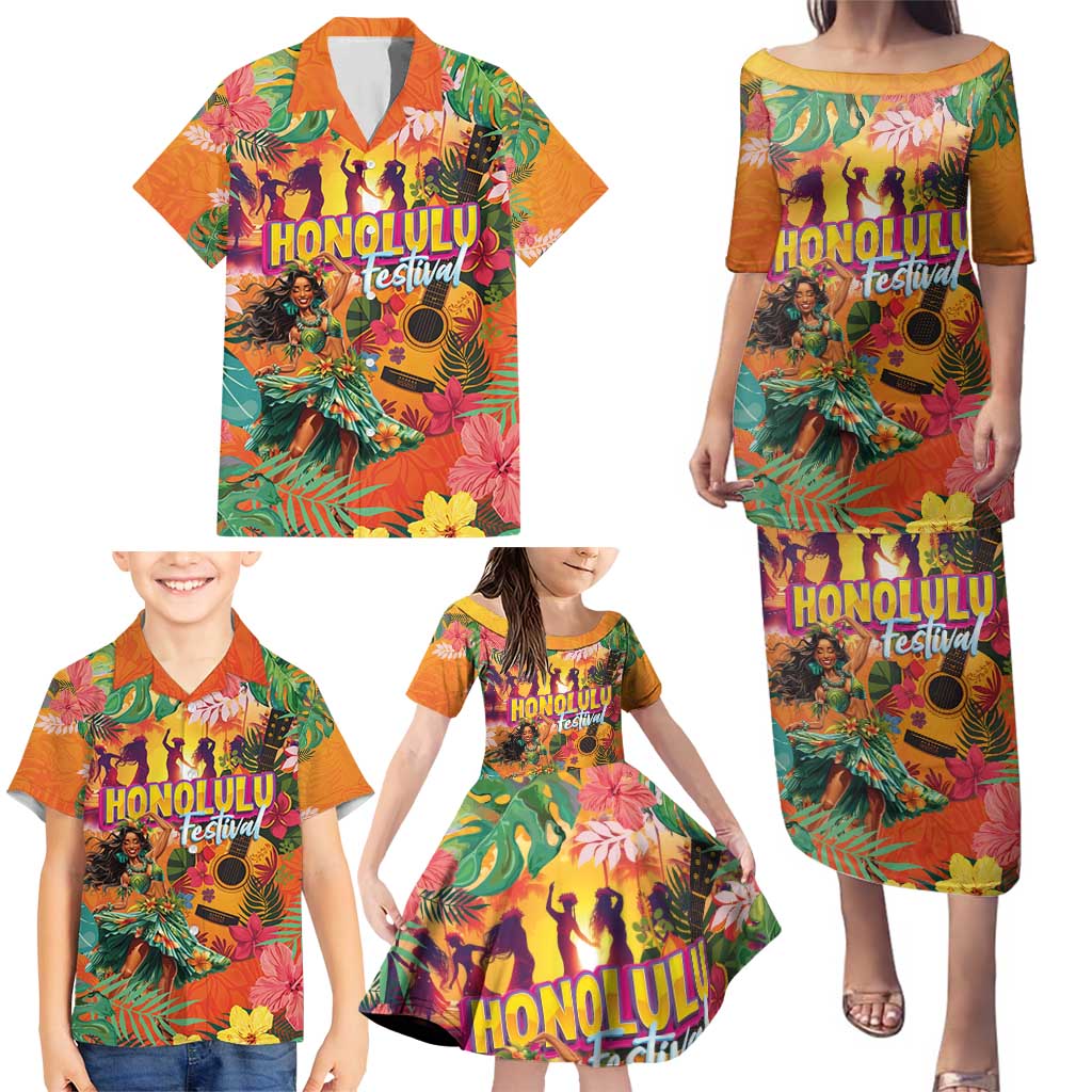 Hawaiian Honolulu Festival Family Matching Puletasi and Hawaiian Shirt Hawaiian Identity - Hula Dancer and Ukulele Tropical Plants Style