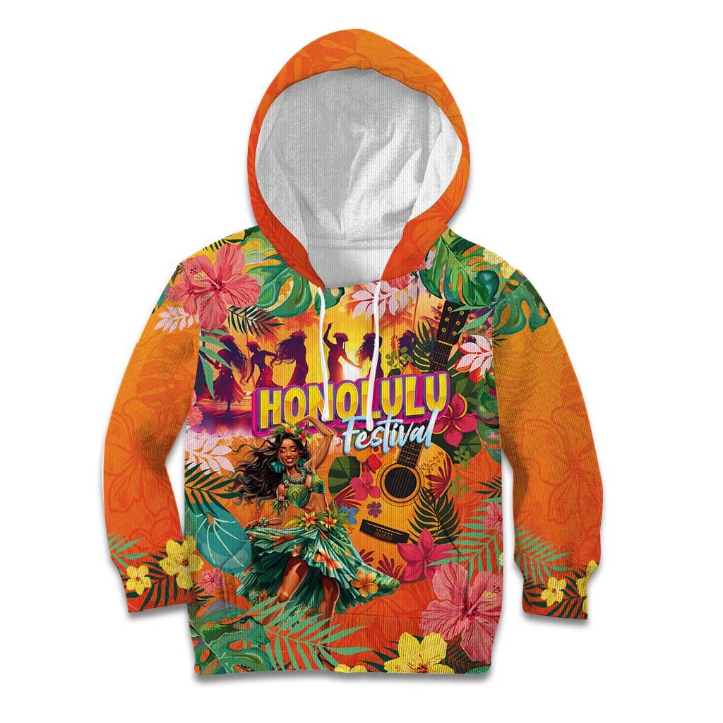 Hawaiian Honolulu Festival Kid Hoodie Hawaiian Identity - Hula Dancer and Ukulele Tropical Plants Style