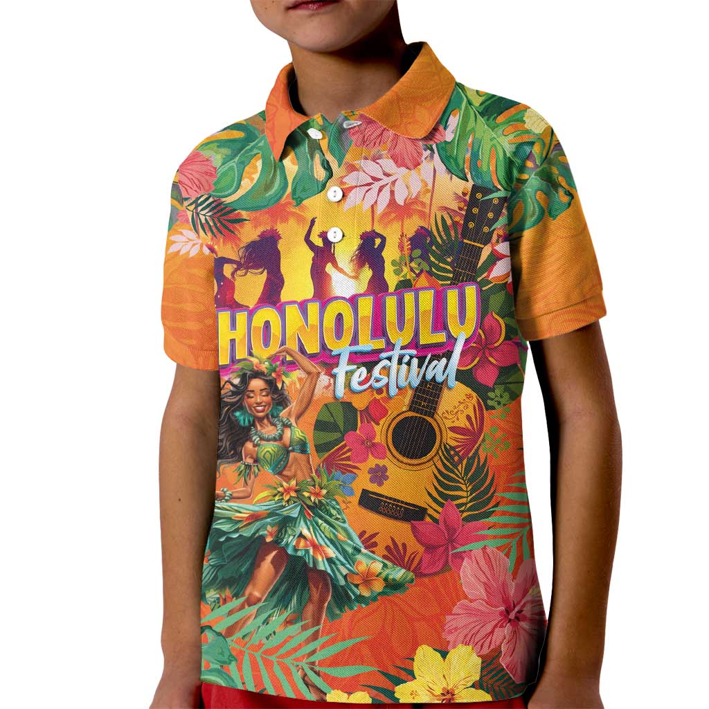 Hawaiian Honolulu Festival Kid Polo Shirt Hawaiian Identity - Hula Dancer and Ukulele Tropical Plants Style