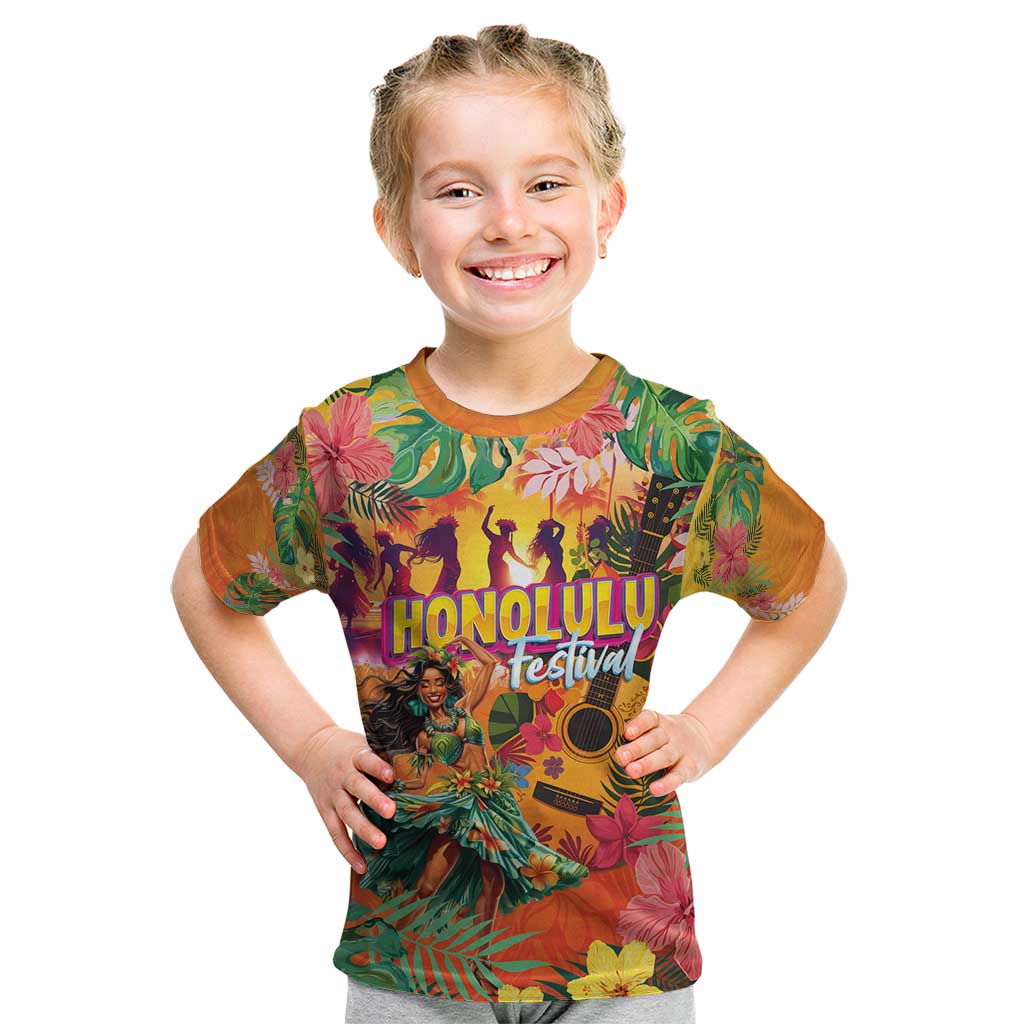 Hawaiian Honolulu Festival Kid T Shirt Hawaiian Identity - Hula Dancer and Ukulele Tropical Plants Style