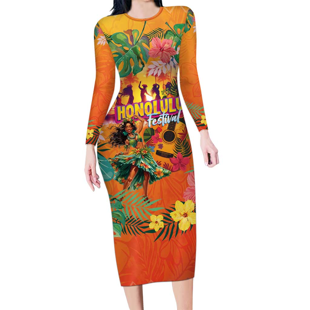 Hawaiian Honolulu Festival Long Sleeve Bodycon Dress Hawaiian Identity - Hula Dancer and Ukulele Tropical Plants Style