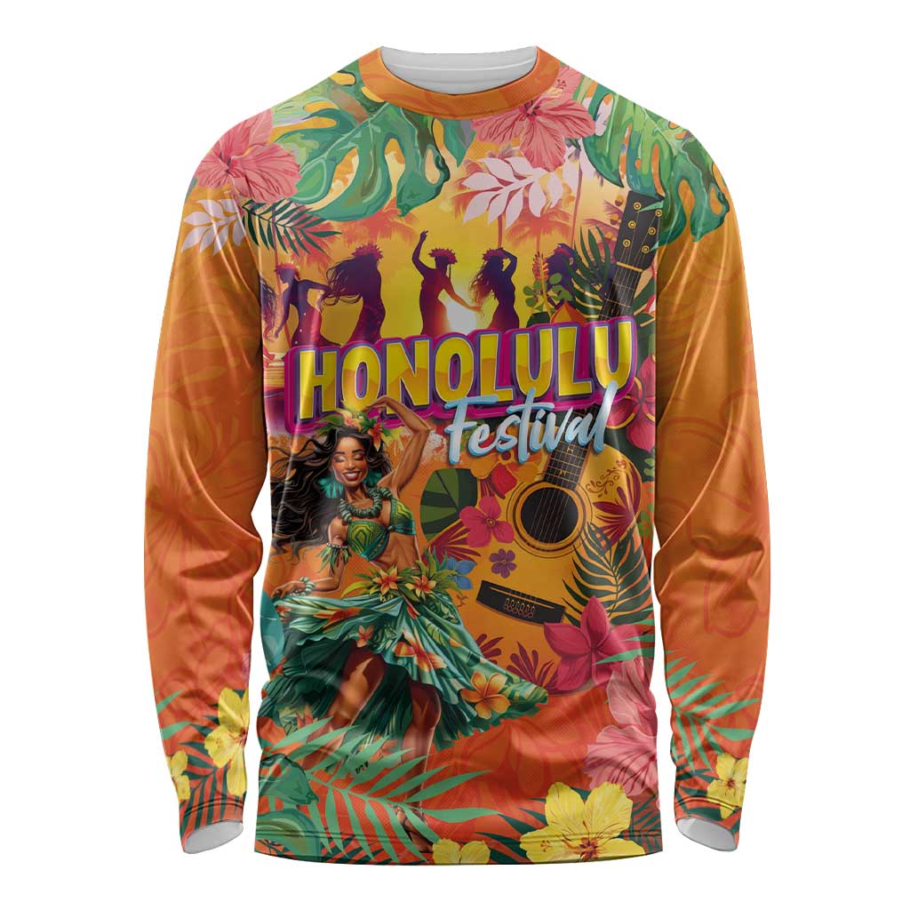 Hawaiian Honolulu Festival Long Sleeve Shirt Hawaiian Identity - Hula Dancer and Ukulele Tropical Plants Style