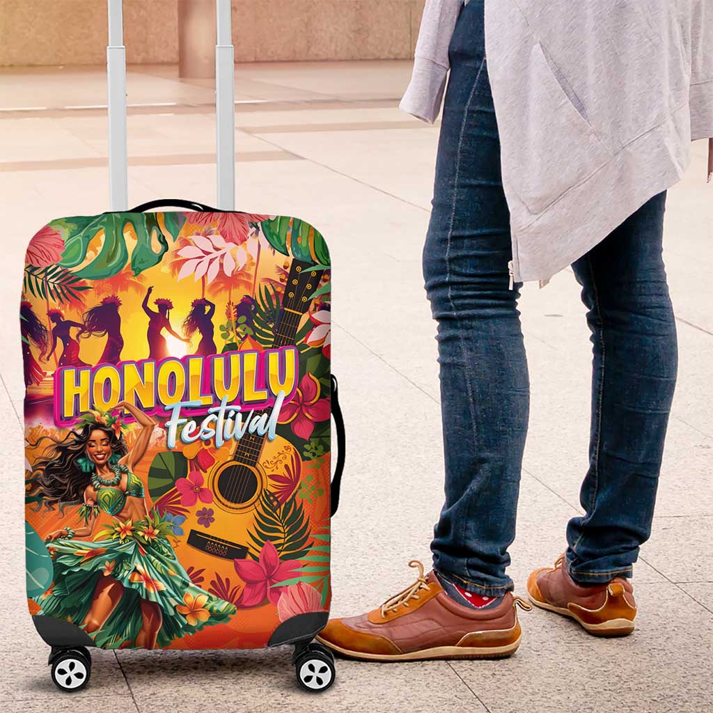 Hawaiian Honolulu Festival Luggage Cover Hawaiian Identity - Hula Dancer and Ukulele Tropical Plants Style