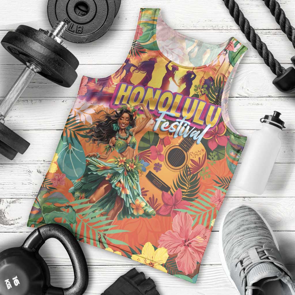 Hawaiian Honolulu Festival Men Tank Top Hawaiian Identity - Hula Dancer and Ukulele Tropical Plants Style