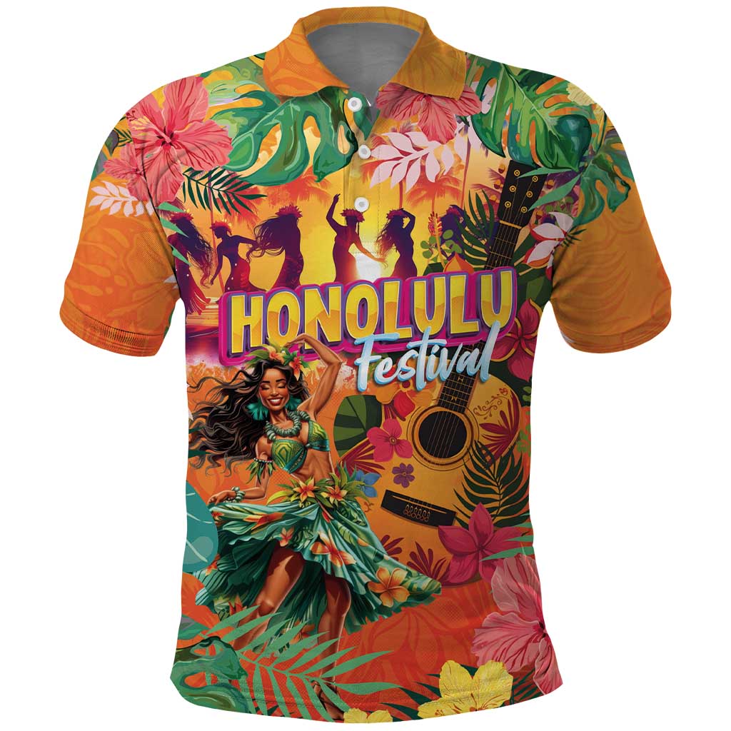 Hawaiian Honolulu Festival Polo Shirt Hawaiian Identity - Hula Dancer and Ukulele Tropical Plants Style