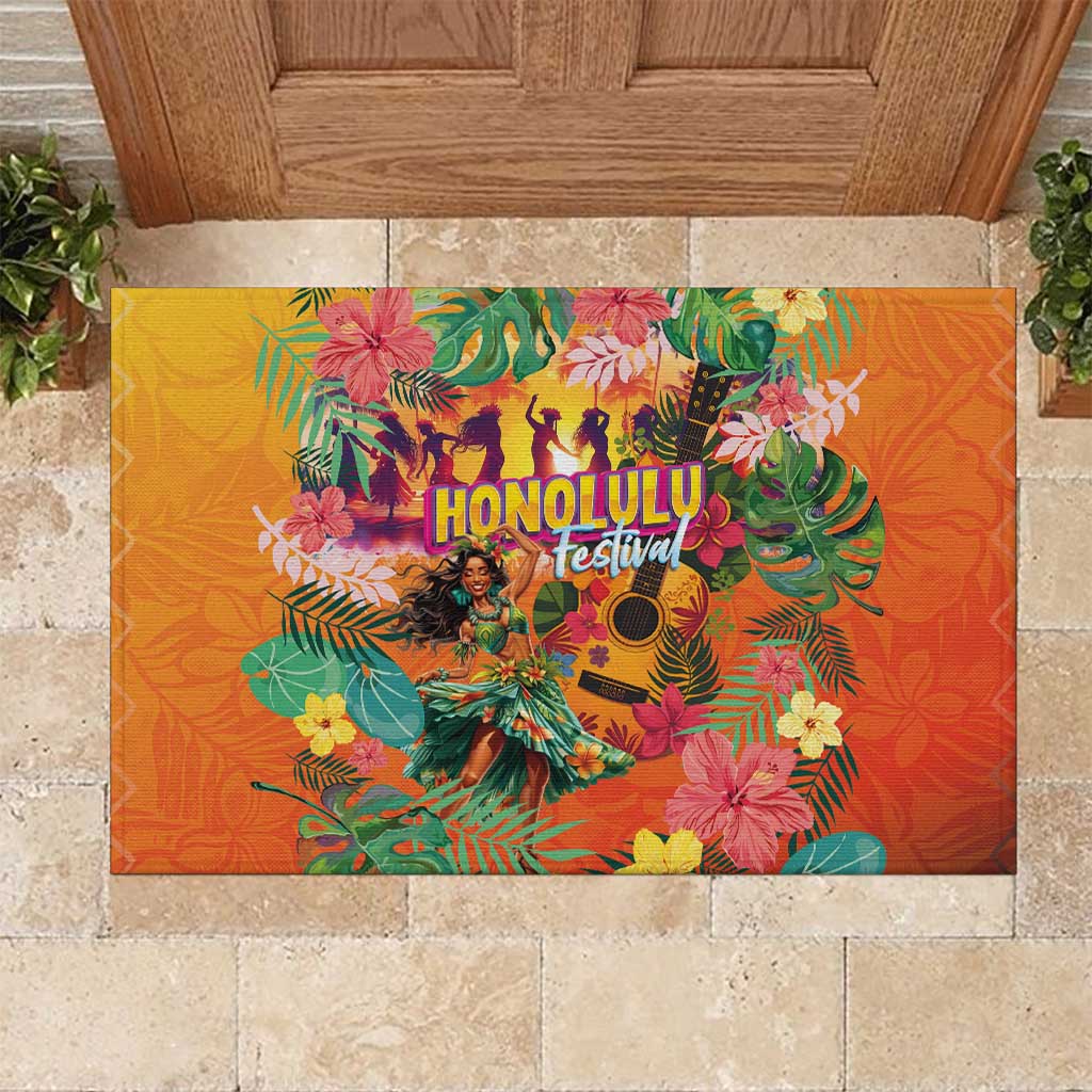 Hawaiian Honolulu Festival Rubber Doormat Hawaiian Identity - Hula Dancer and Ukulele Tropical Plants Style