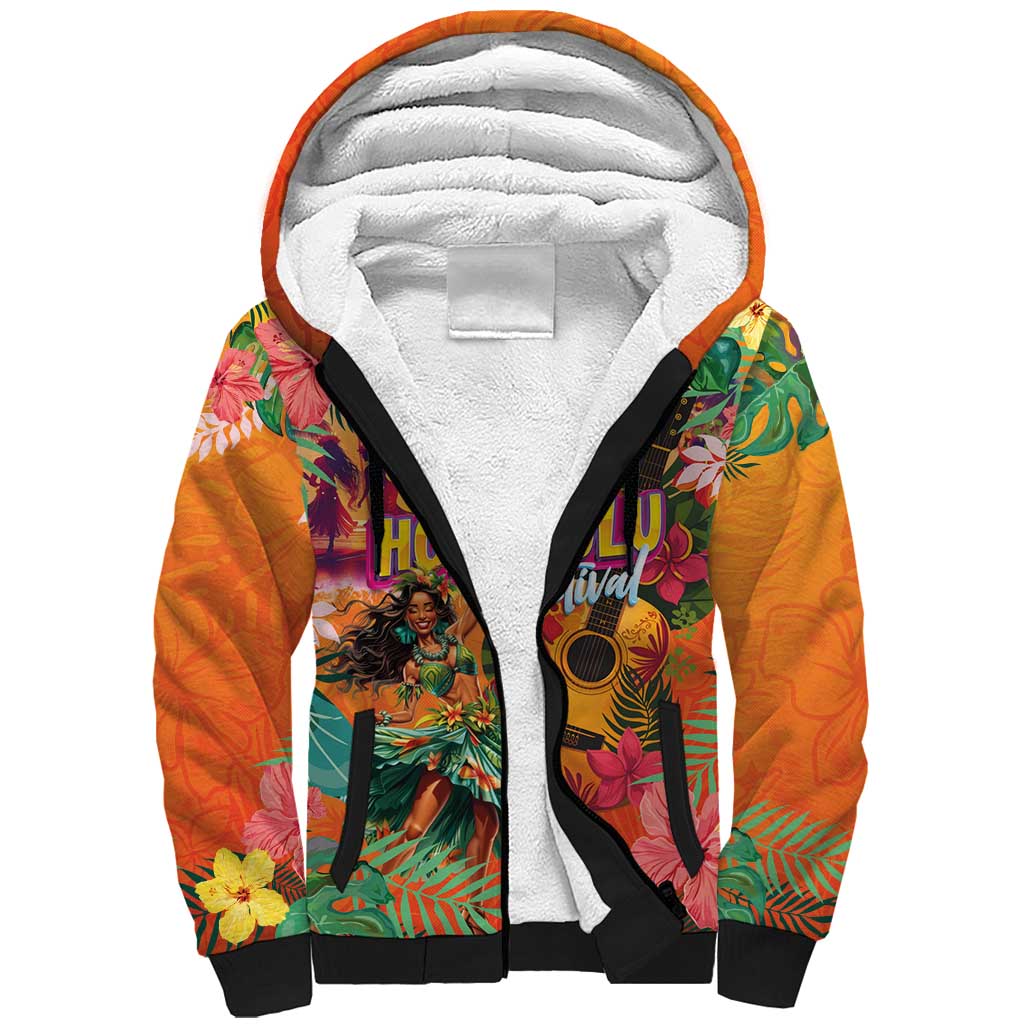 Hawaiian Honolulu Festival Sherpa Hoodie Hawaiian Identity - Hula Dancer and Ukulele Tropical Plants Style