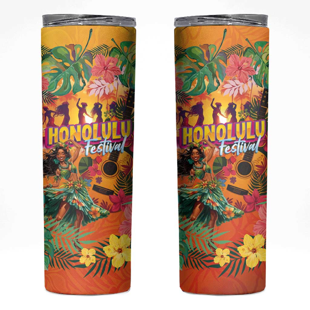 Hawaiian Honolulu Festival Skinny Tumbler Hawaiian Identity - Hula Dancer and Ukulele Tropical Plants Style