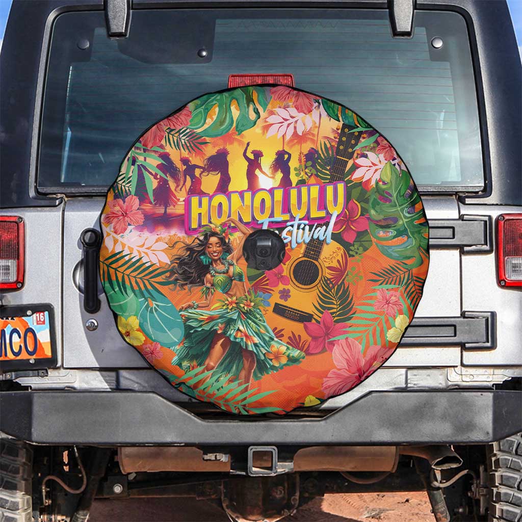 Hawaiian Honolulu Festival Spare Tire Cover Hawaiian Identity - Hula Dancer and Ukulele Tropical Plants Style